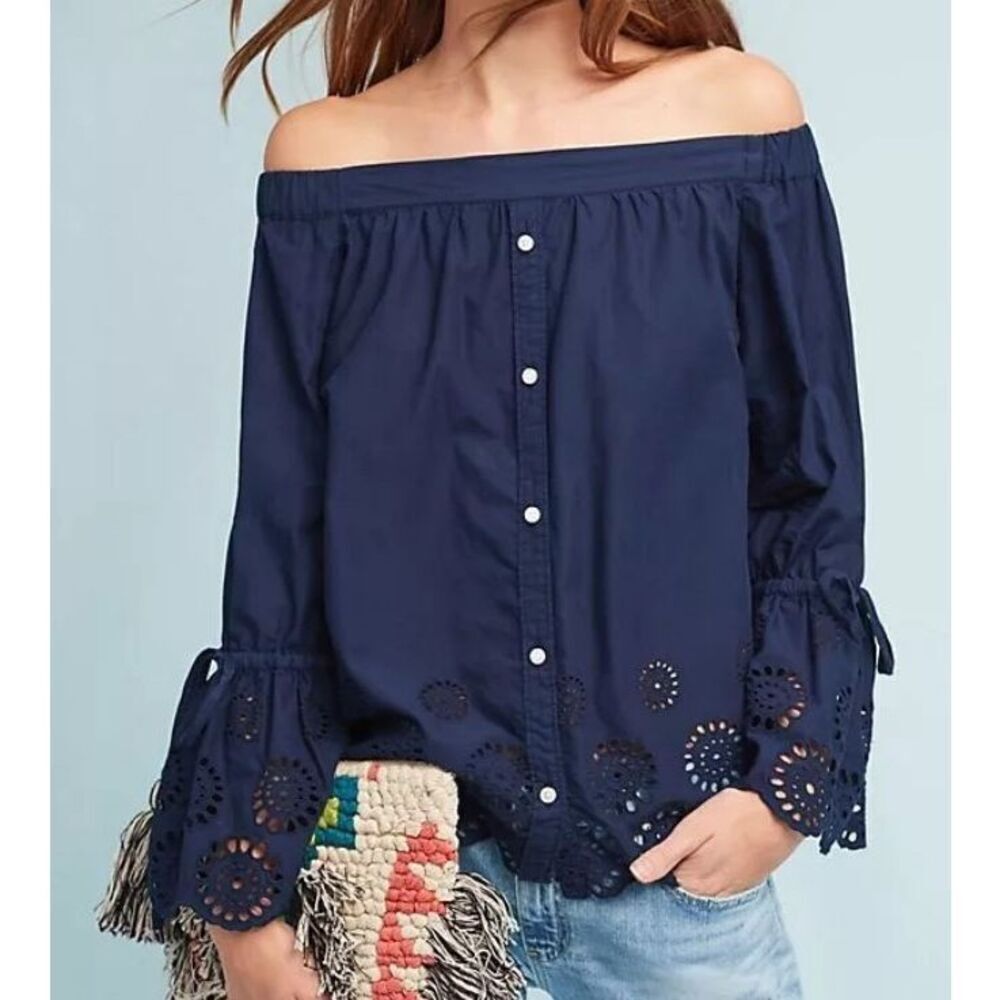 Anthropologie Isabella Sinclair Navy Blue Eyelet Off-Shoulder Blouse Size Small